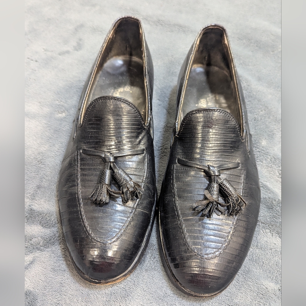 VTG FootJoy Classic Mens 9D Tassel Teju Lizard Black Leather Loafee Made In USA
